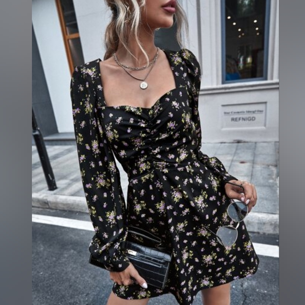 Zara Black Floral Long Sleeve Dress
